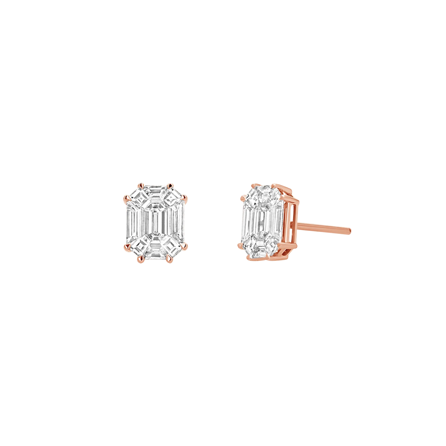 Emerald Shape Illusion Set Diamond Stud Earrings - Image 3