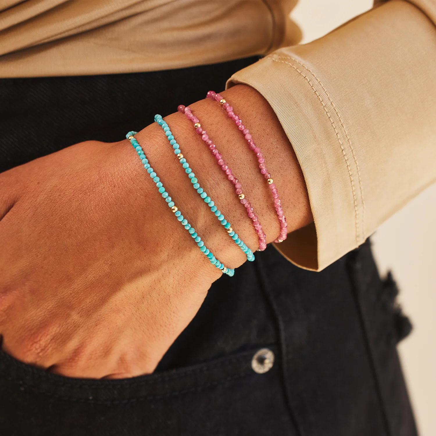 Pink Sapphire Stretch Beaded Bracelet - Image 3