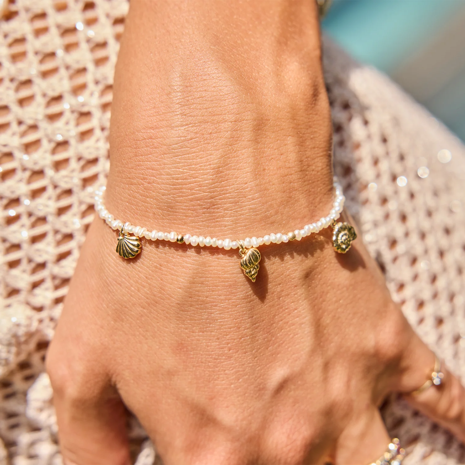 Seashell Charm Station Pearl Bracelet - Image 3